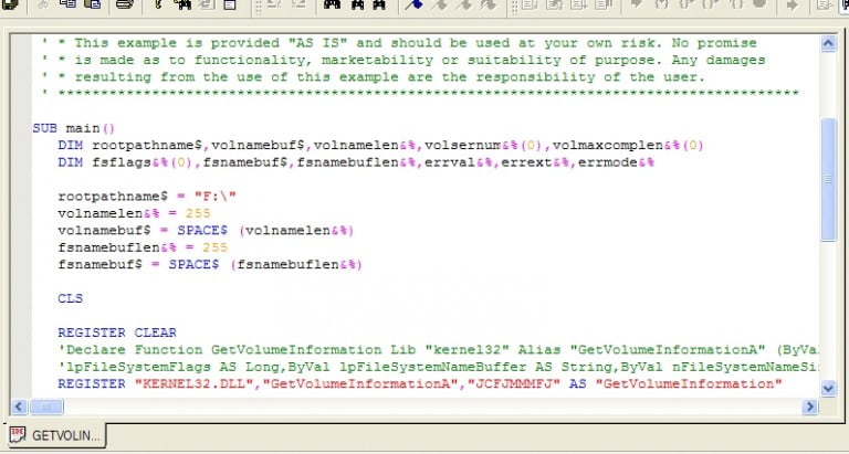 Screenshot of the IDE editing a .SBP program